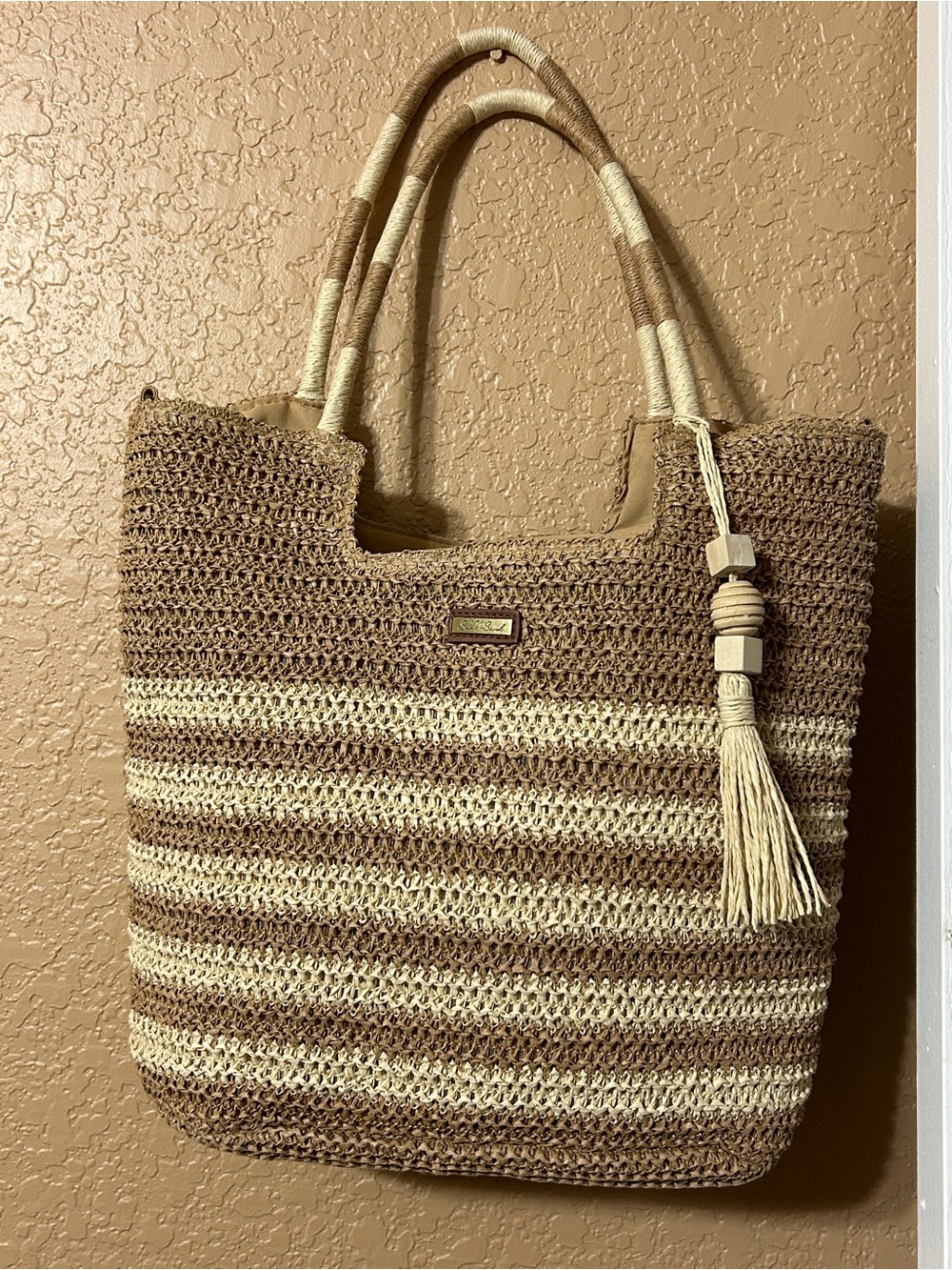 Striped Crochet Tote Bag in Beige and Brown